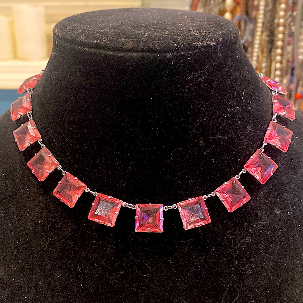 1930’s Art Deco Pink Prong Set Glass in Silver Tone.